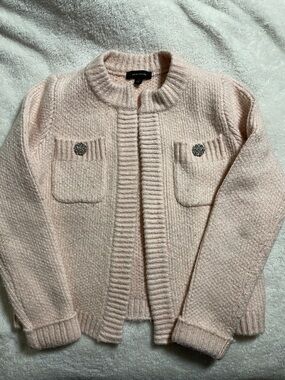 Ann Taylor Blush Pink Rib-Trim Knit Cardigan with Embellished Buttons